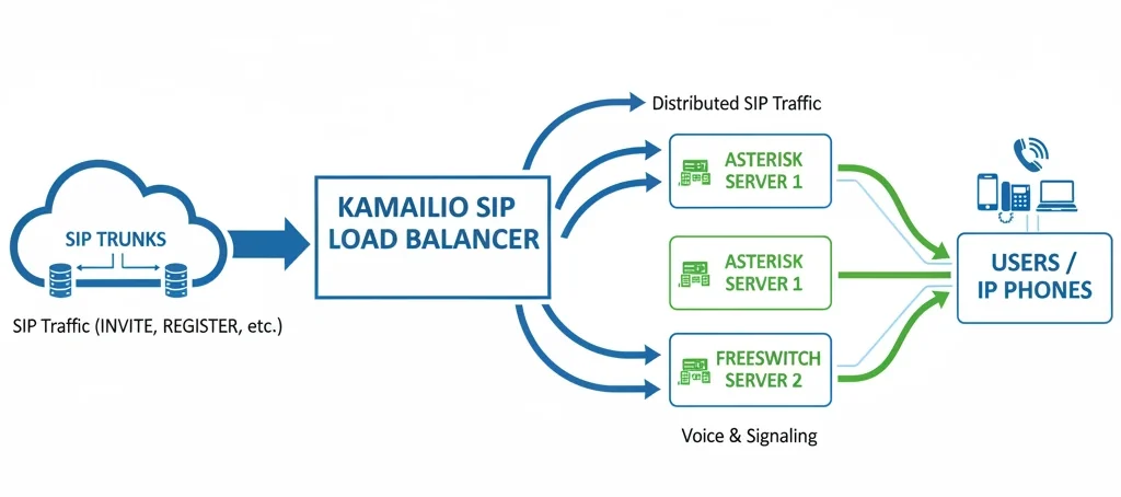Kamailio SIP load balancer distributing calls to backend PBX servers